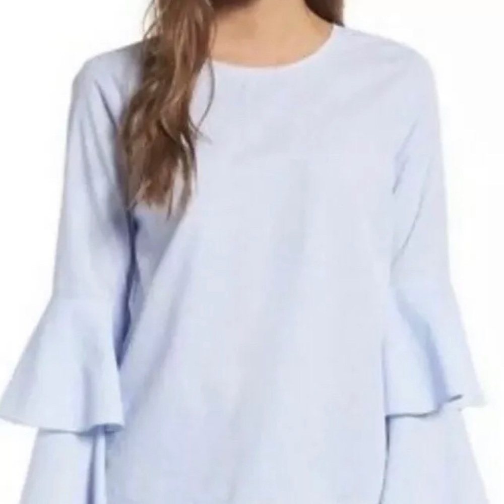 Chelsea28 Blue Stripe Ruffle Bell-Sleeve Blouse